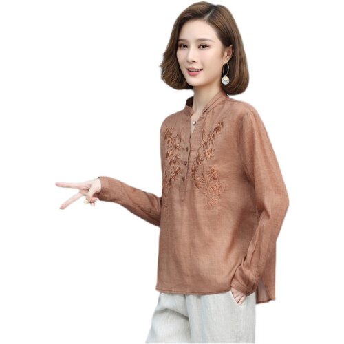 棉麻t恤女夏季薄款宽松2023年新款妈妈亚麻小衫高端苎麻上衣短袖,女装T恤,丽影随形