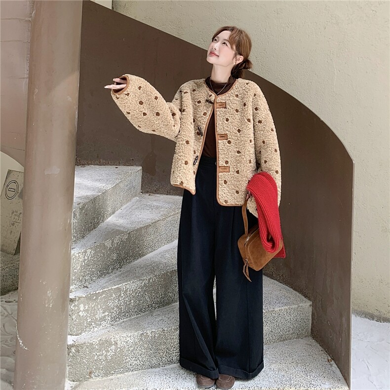 休闲韩系上衣波点两面穿羊羔毛一体皮毛外套冬，女装羊羔毛/颗粒绒，浙宝168
