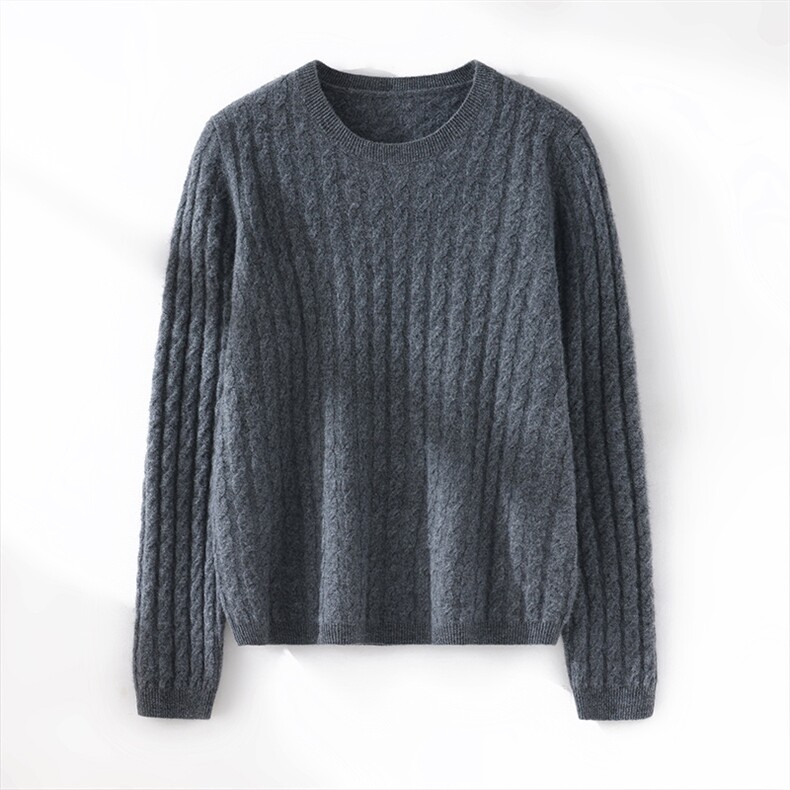 2025年秋季新款百搭女士圆领麻花提花针织衫，女装针织衫/毛衣，锦驼羊绒