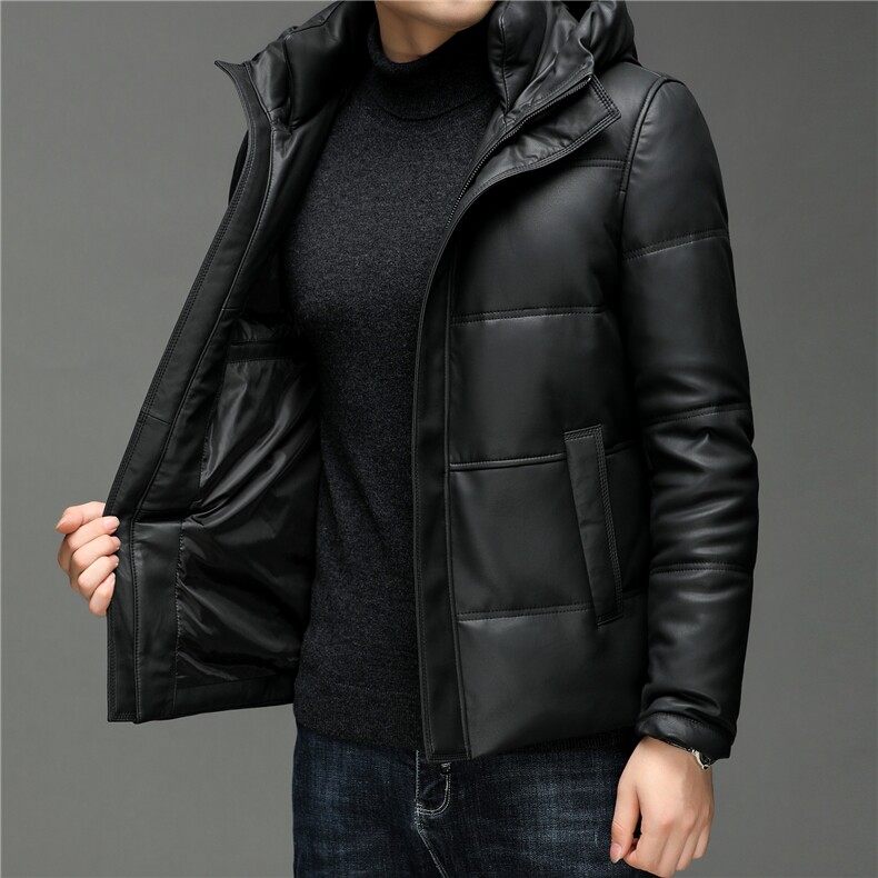 X2253秋冬新款海宁皮衣男士绵羊皮夹克鹅绒羽绒服连帽P730图片