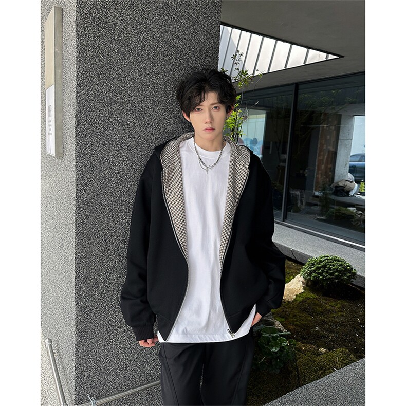 双面穿千鸟格拉链连帽卫衣外套男女秋冬宽松休闲上衣WY0761-P68图片