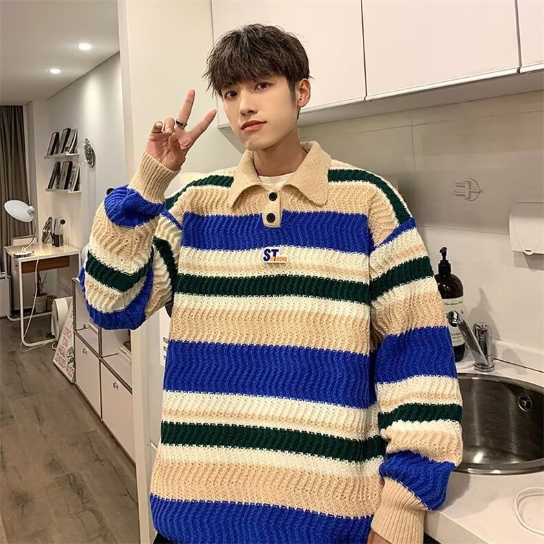 韩鹿毛绒美式潮牌条纹设计感翻领针织衫男秋冬情侣套头毛衣,男装针织衫/毛衣,星座716-3