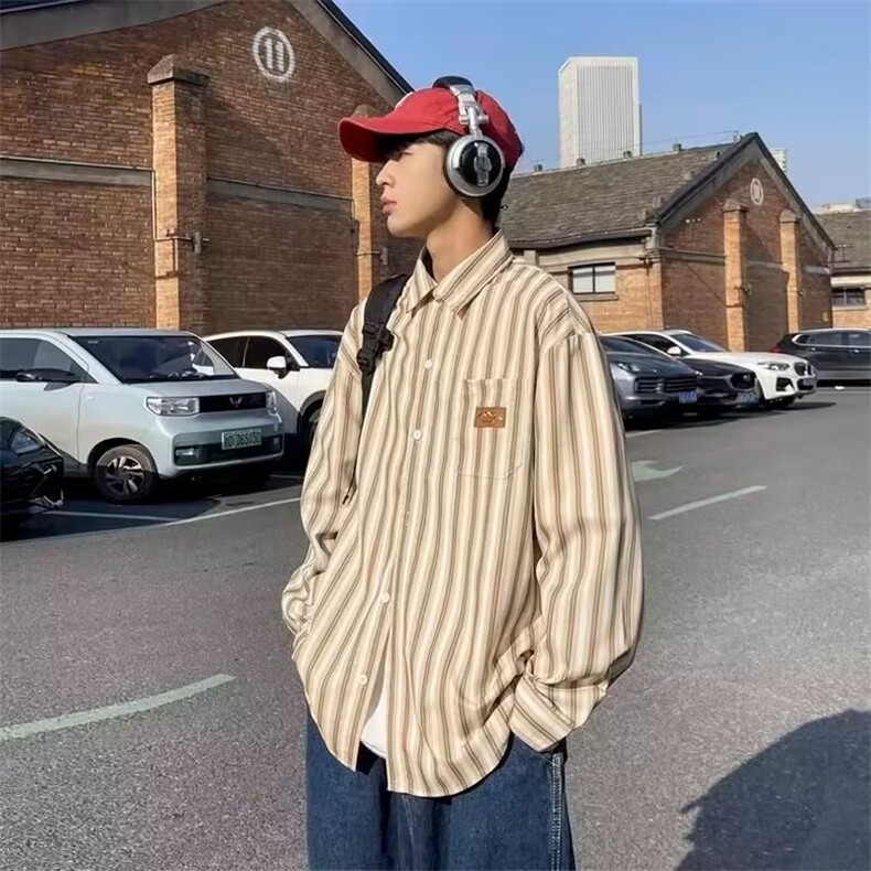 日系条纹衬衫男长袖高级感宽松休闲衬衣百搭廓形外套H350 P31图片