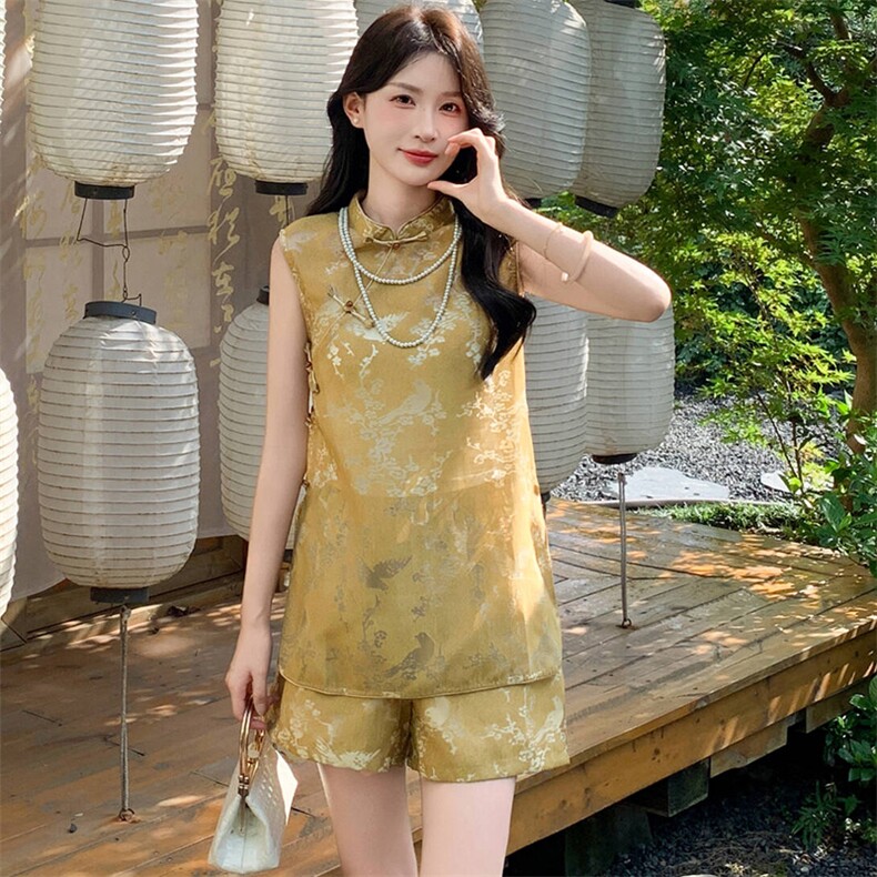 2025年夏季新款高级感显瘦新中式马甲阔腿裤两件套,女装套装/套裙,心心服饰