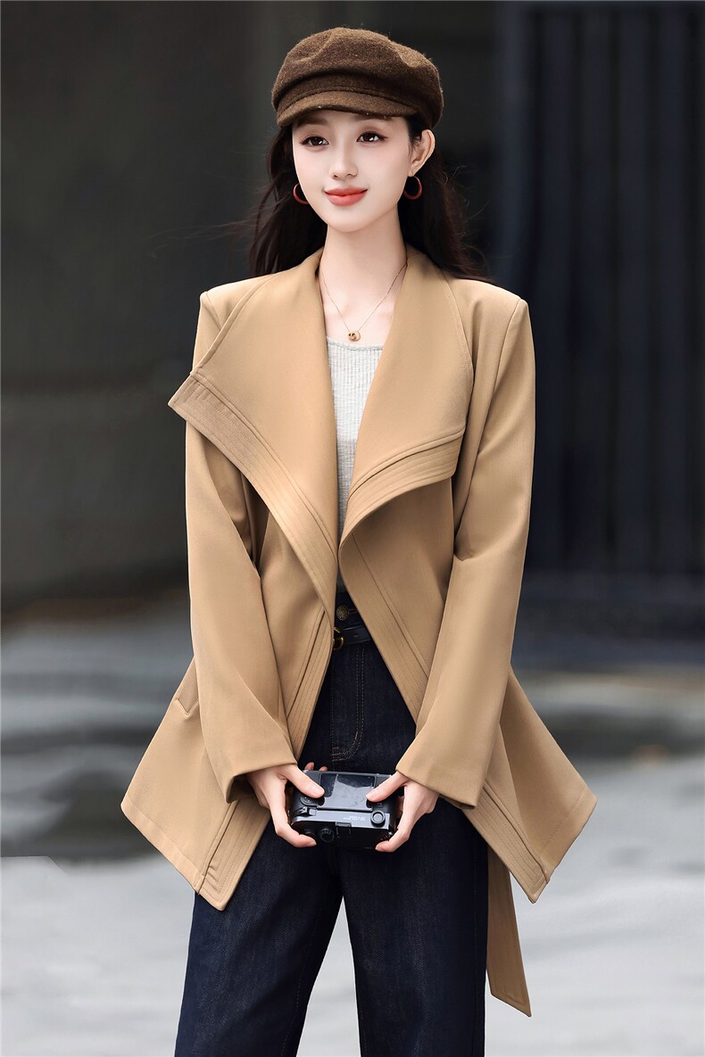 高端时尚女2026秋新款气质宽松显瘦韩版大翻领风衣外套送腰带,女装风衣,卡杰菲