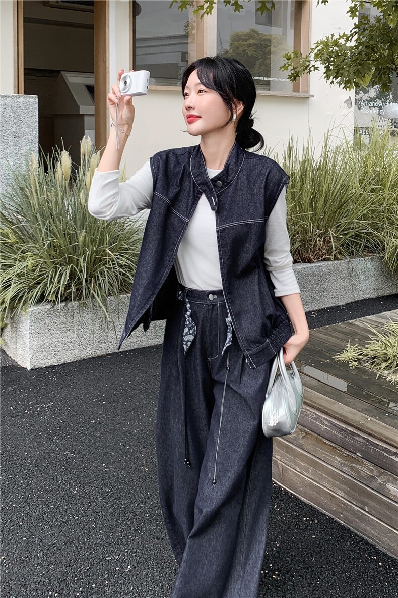 秋季牛仔阔腿裤马甲时尚两件套女,女装套装/套裙,浙宝069