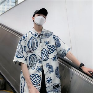 满印衬衫男日系港风潮流潮牌痞帅外套夏季小众短袖衬衣 W3394-P30图片