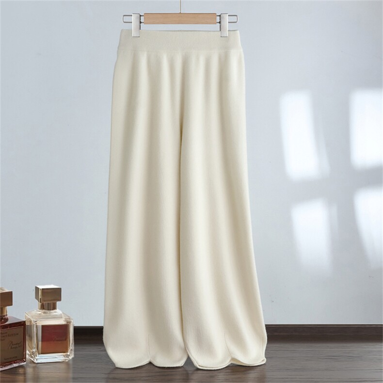 2025秋冬女士花苞山羊绒松紧腰时尚宽松休闲直筒阔腿裤外穿针织裤，女装休闲裤，达齐羊绒