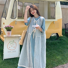 镂空蕾丝罩衫连衣裙套装女2025夏季新款法式温柔风盐系穿搭两件套，女装套装/套裙，2C201