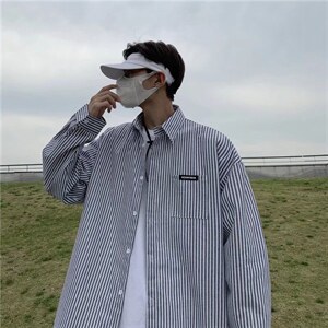 日系复古条纹长袖衬衫男港风宽松休闲打底衬衣春秋季外套C755-p33图片