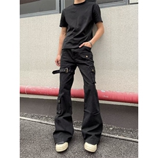 皮带拼绑带设计感水洗黑色微喇长裤修身显高休闲裤K71136-P52网图，女装牛仔裤，电商B245