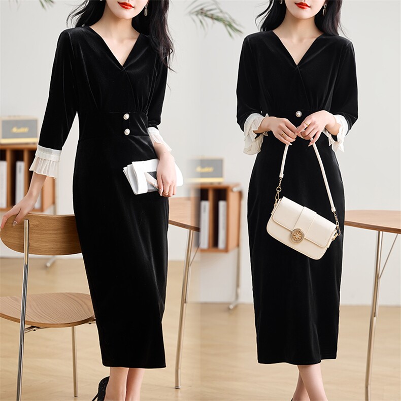 春装新款气质收腰显瘦金丝绒七分袖连衣裙，女装连衣裙，姿衣坊