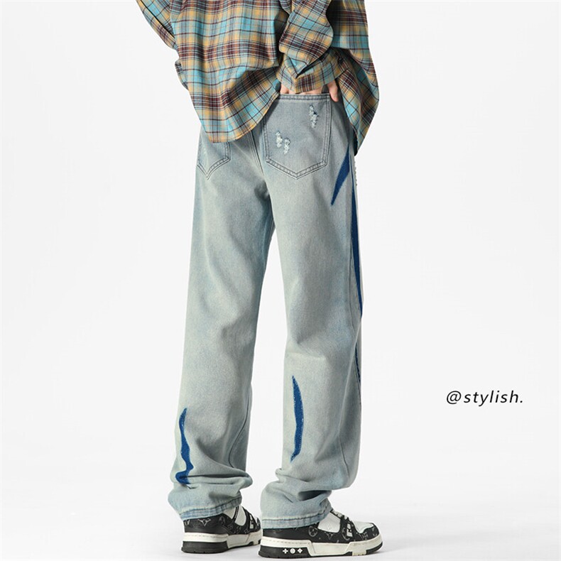 特批P48无差价25春季得物品质破洞牛仔裤男士拼接阔腿长裤N9094,男装牛仔裤,电商A001
