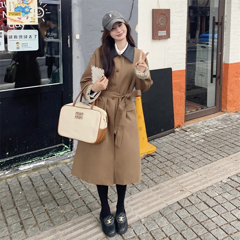 卡其色中长款翻领风衣外套女2024春秋新款小个子高级感英伦风大衣,女装风衣,蝶眷