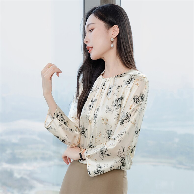 粉色印花高级春装新款真丝衬衫女洋气真丝套头圆领长袖上衣,女装衬衫,阿舍尔精品