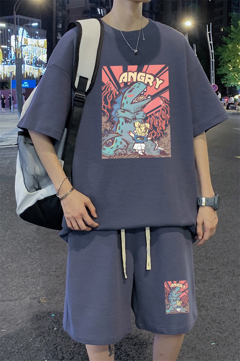 ！2024夏季新款男士华夫格短袖T恤一套学生套装HTZ87P50,男装T恤,电商B220