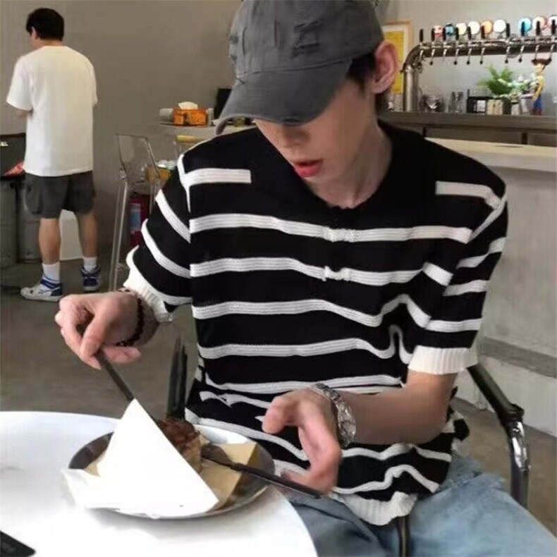 韩版ins条纹撞色翻领针织polo衫男夏季透气休闲宽松百搭短袖上衣,男装针织衫/毛衣,星座506A