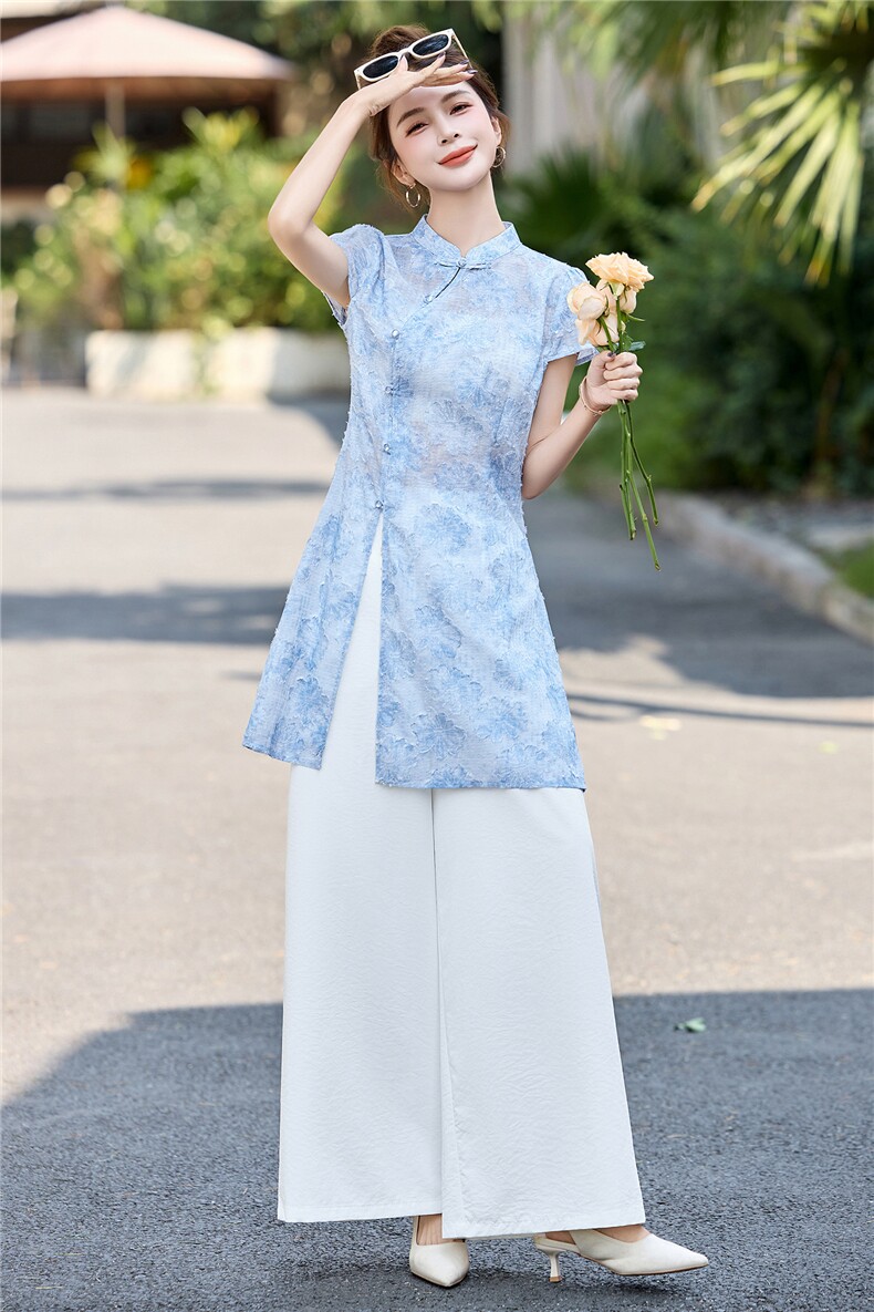 新中式国风短袖旗袍套装女2025夏季高级感气质年轻款阔腿裤两件套,女装套装/套裙,贵人树