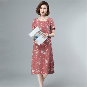 2021年夏季中长款通勤A字裙旗袍妈妈装连衣裙印花圆领套头裙子图片
