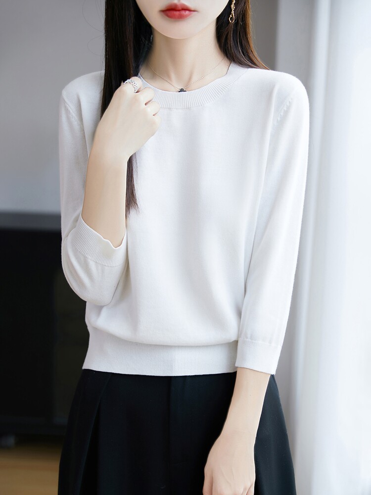 100%纯棉针织短袖T恤女圆领七分袖纯色上衣宽松全棉休闲半袖打底,针织衫/毛衣,长今羊