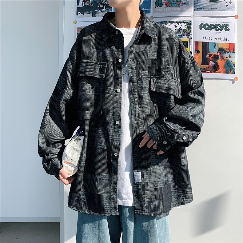 港风休闲情侣大码长袖衬衫男潮帅气潮翻领夹克衬衣CS7281P40,男装衬衫,星座227-7
