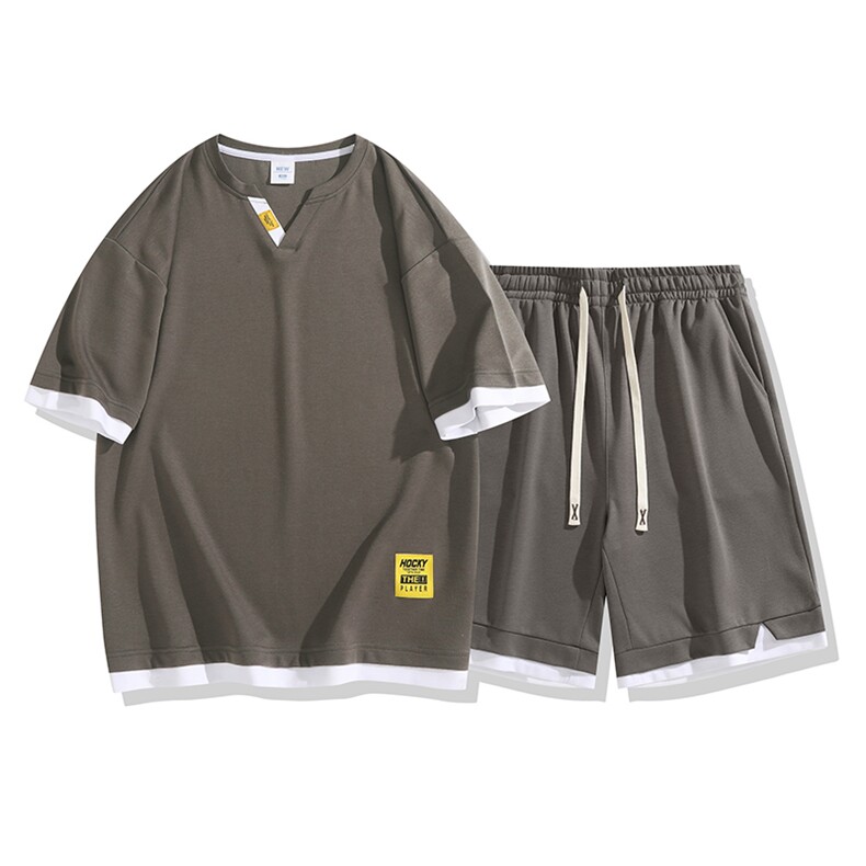 夏季运动套装日系白底休闲百搭时尚短套装CK2410+TC3153-P57控89,男装休闲套装,星座717