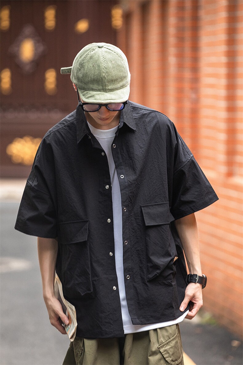 日系潮多口袋衬衫短袖休闲百搭宽松情侣通勤CS0309-P38,男装衬衫,星座308B-1