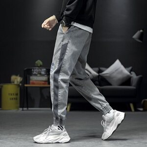 M-9XL 男大码日系2021春秋束脚刺绣拼接弹力牛仔裤5032-1_209P65图片