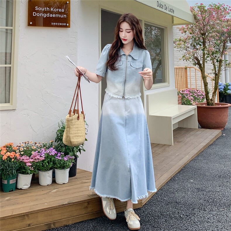 港风贵气感御姐穿搭套装女2025夏季新款做旧牛仔上衣半身裙两件套,女装套装/套裙,2C032