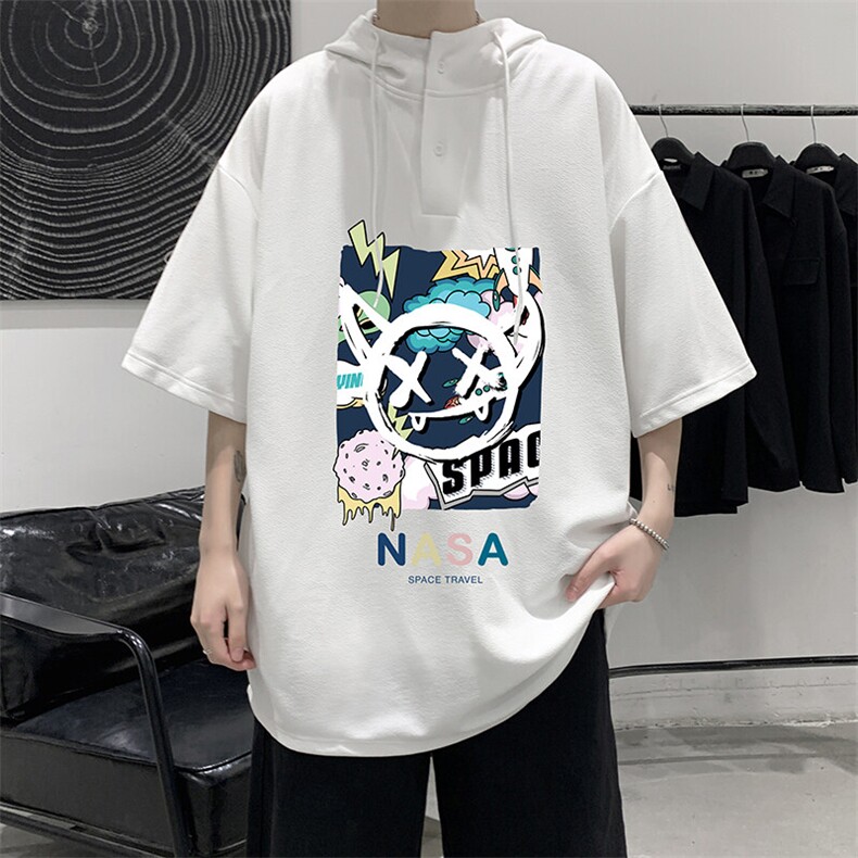 LD54275-P45NASA 连帽短袖t恤男大码胖子带帽五分袖中袖图片