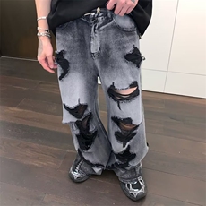 美式破洞设计感牛仔裤男款潮牌阔腿裤夏季薄款长裤DA33-P46，男装牛仔裤，星座208-5