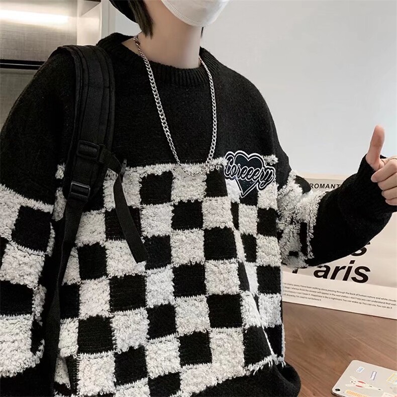 棋盘格毛衣男秋冬新款日系潮牌宽松休闲情侣针织衫上衣M0835-p48图片