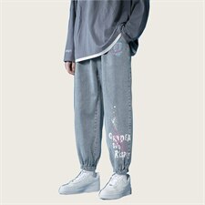 2023春季喷漆涂鸦印花牛仔束脚裤货号K579P55，男装牛仔裤，电商A063