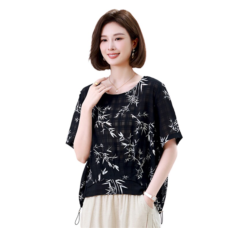 时尚竹叶印花宽松短袖T恤女夏季新款韩版百搭显瘦上衣,女装衬衫,叶笙衣