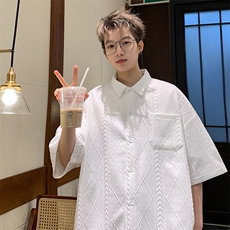 2026夏装翻领短袖衬衫大码男纹理提花衬衣菱形格CS220/P35白色，男装衬衫，电商A094