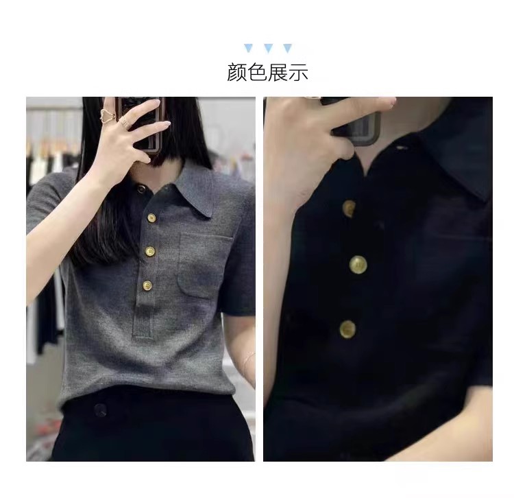 25年春新款翻领纯色冰丝短袖T恤女宽松薄款带兜简约内搭上衣打底,女装T恤,佑昭祥羊绒