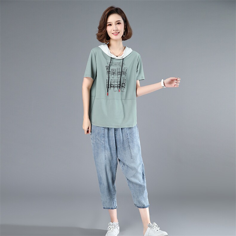 夏装新款宽松短袖印花连帽休闲时尚套装女时髦洋气韩版,女装套装/套裙,独衣靓