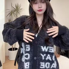 慵懒风软糯毛衣开衫女秋冬美式高级感穿搭字母提花宽松针织外套，男装针织衫/毛衣，星座506A