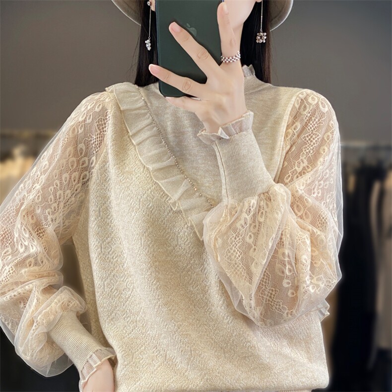 精纺羊毛蕾丝拼接女半高领套头宽松上衣秋季新款纯色针织薄款毛衣,女装羊毛衫,宛庄羊绒