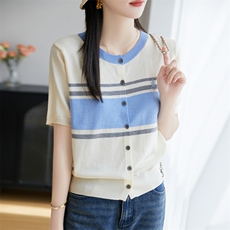 2025春季新款女士圆领刺绣撞色条纹细羊毛针织开衫宽松短袖上衣，女装蕾丝衫/雪纺衫，菲奥羊绒