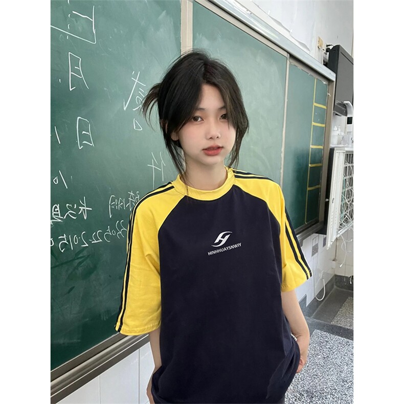 夏季美式高街重磅纯棉三条杠织带插肩撞色男女短袖T恤CZ167-特P25,男装T恤,电商A486