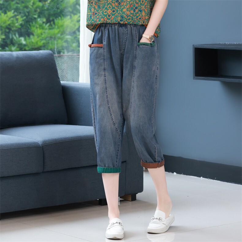 2023年夏季新款牛仔裤女宽松显瘦韩版休闲百搭高腰七分哈伦裤子潮，女装牛仔裤，简韵佳