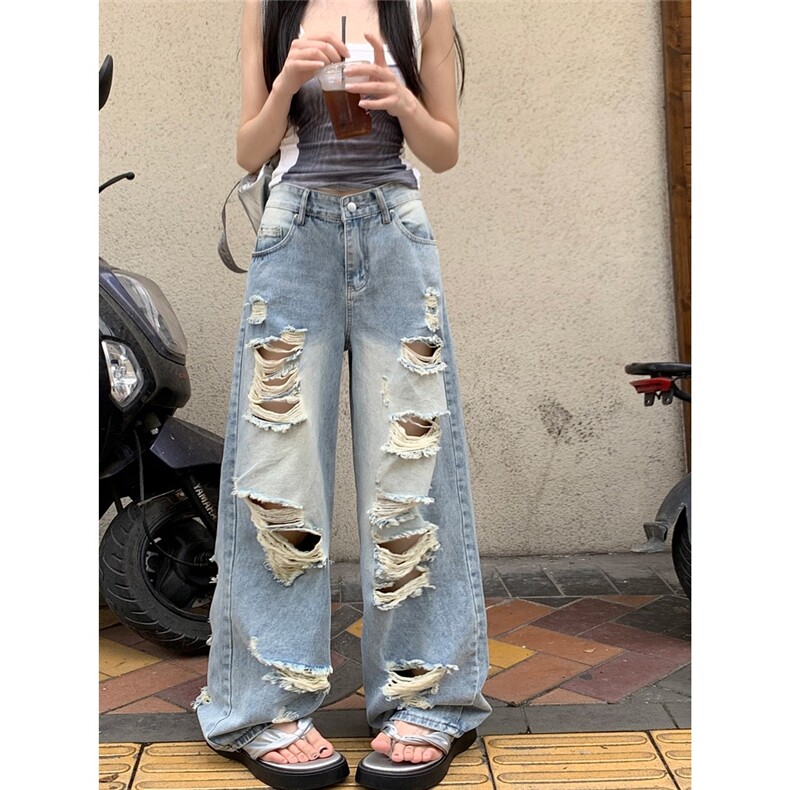 做旧破洞牛仔裤大码女夏季2025新款宽松显瘦直筒阔腿长裤NZT804图片