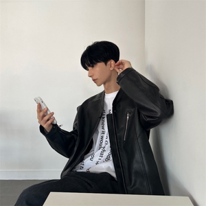 816B-PY013-P105 韩风男士简约宽松皮夹克黑色痞帅皮衣图片