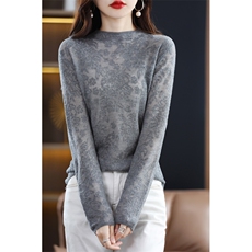25秋冬100%羊毛衫针织雕花蕾丝镂空毛衣半高领女纯色羊绒短款百搭，女装羊毛衫，科源羊绒
