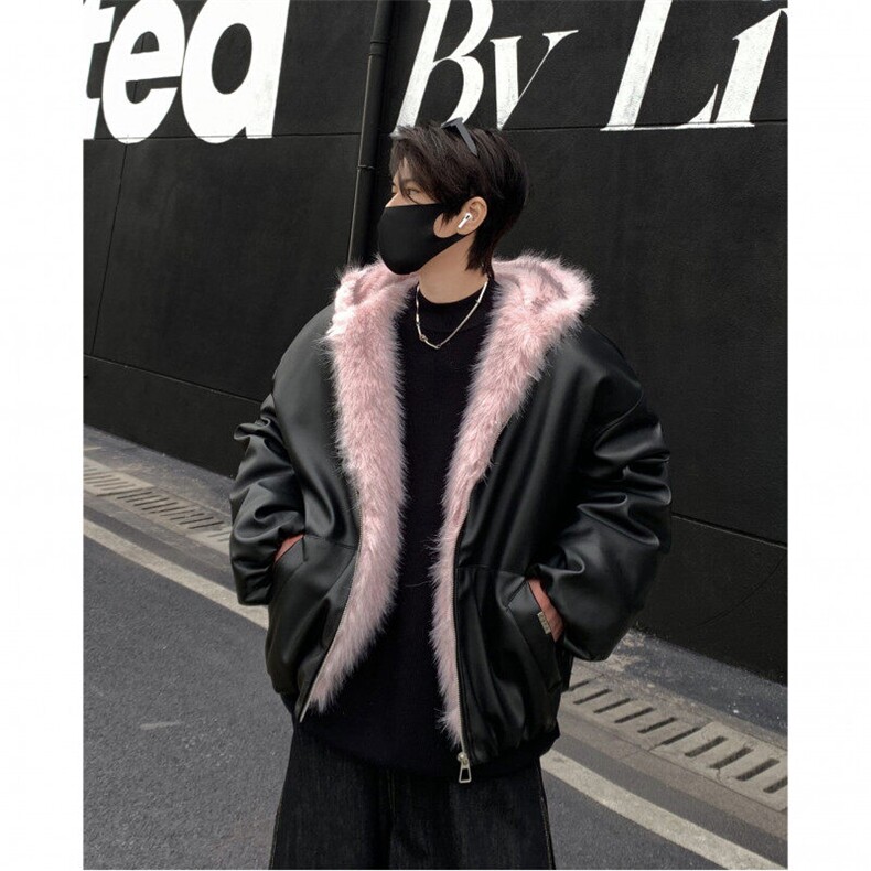 美式粉毛座山雕pu皮外套连帽棉服男冬季夹棉加厚潮棉衣机车服p105,男装棉衣,电商C307