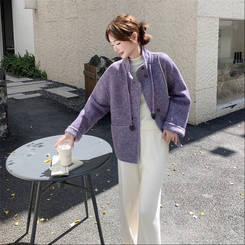紫色立领双面呢大衣女2025秋冬新款法式漂亮气质小个子毛呢外套潮,女装羊绒大衣,2C316