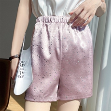 夏季烫钻短裤冰丝丝滑质感缎面百搭松紧腰开叉薄款阔腿裤显瘦热裤，女装短裤/热裤，圣丽羊绒