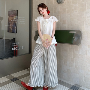 韩系白色短袖条纹阔腿裤女夏2025新款高级感减龄超火绝美两件套,女装套装/套裙,浙宝276（原081）