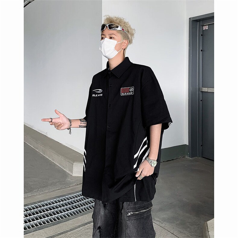夏季新款衬衫短袖薄款潮牌宽松休闲刺绣设计感衬衣图片